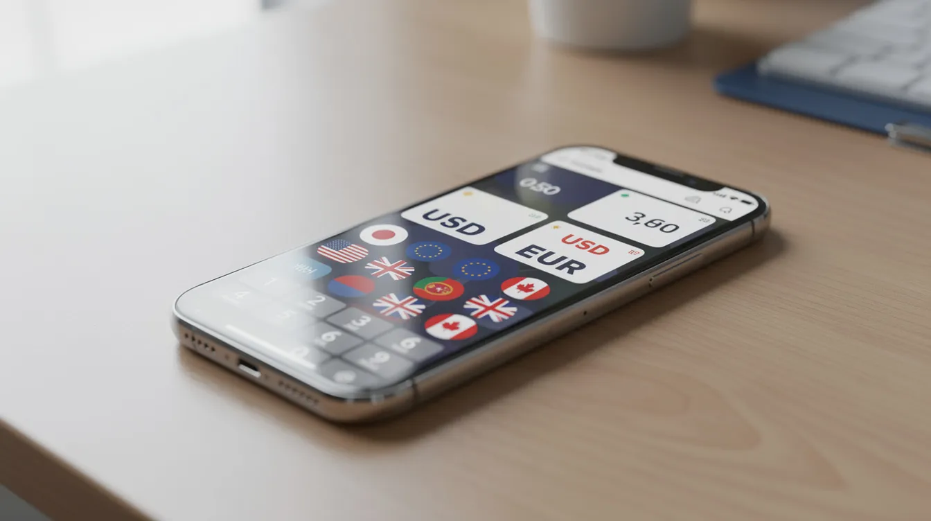 A smartphone rests on a desk displaying a currency conversion screen, featuring various international flags, which suggests a focus on international money transfers. The interface likely includes information on exchange rates and transfer fees, relevant for both personal and business customers managing their finances.
