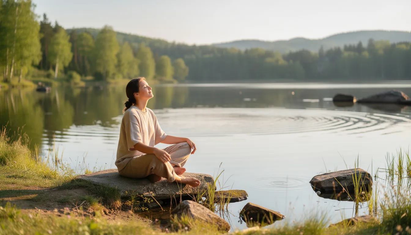 A person is seen relaxing outdoors in a serene natural setting, embodying a sense of balance and well-being, surrounded by lush greenery and gentle sunlight. This tranquil scene suggests a peaceful escape, ideal for enjoying moments of leisure and reflection.