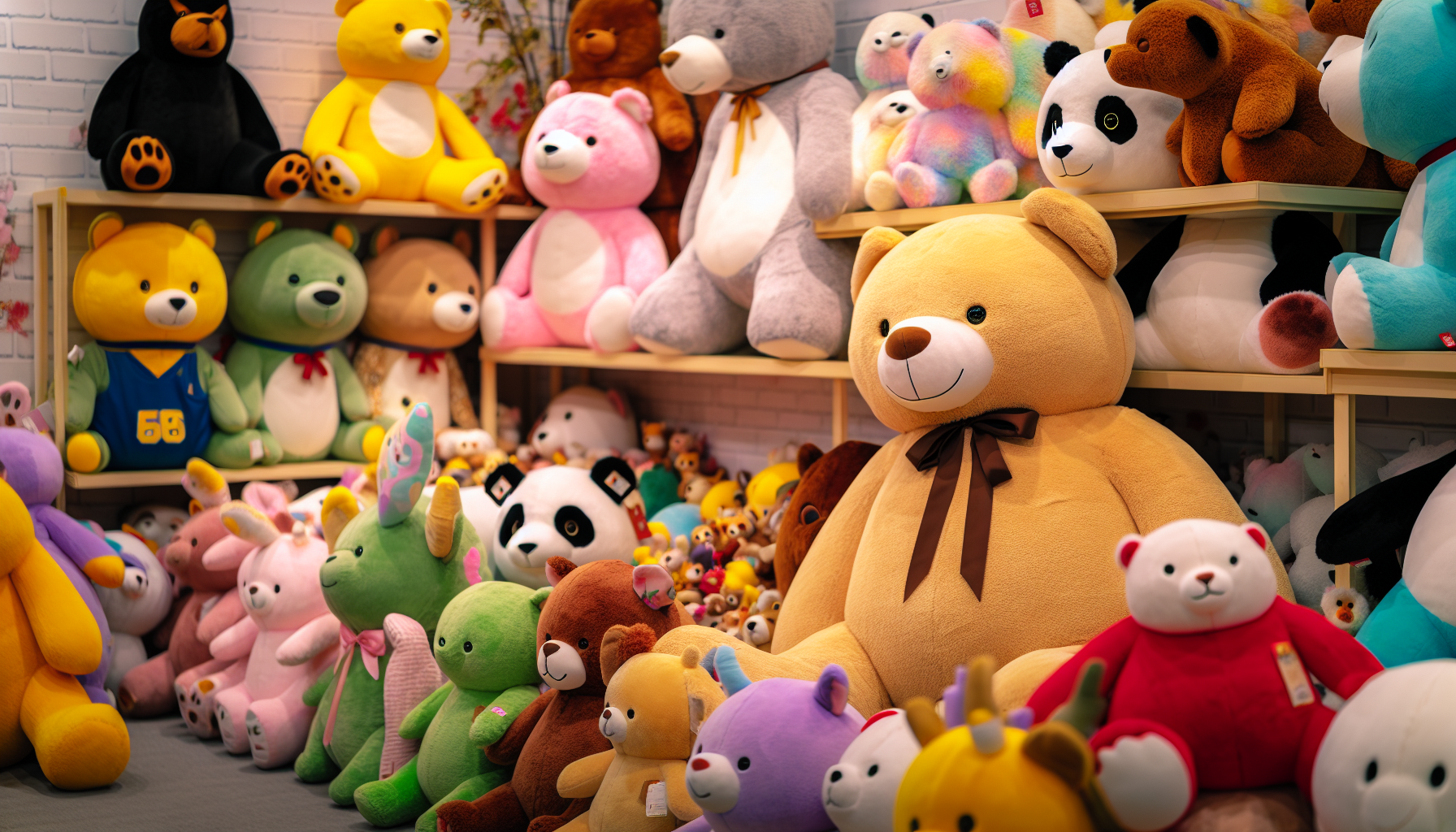 A variety of giant plush toys, including teddy bears, oversized animal plushies, and unique character plush toys