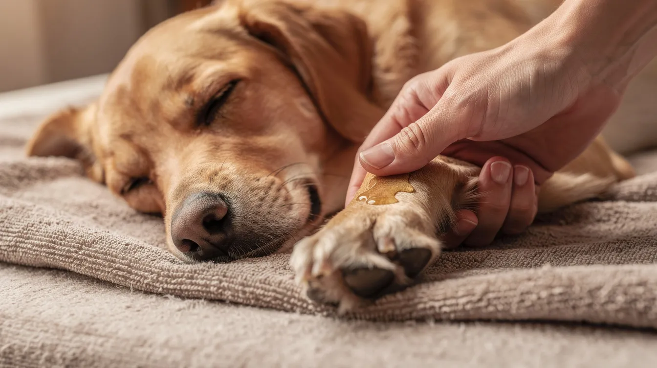 A calm dog is receiving a gentle paw massage with a small amount of argan oil, known for its moisturizing properties that can benefit the dog's coat health. The soothing interaction highlights the dog's comfort and the potential advantages of using natural oils for sensitive skin.