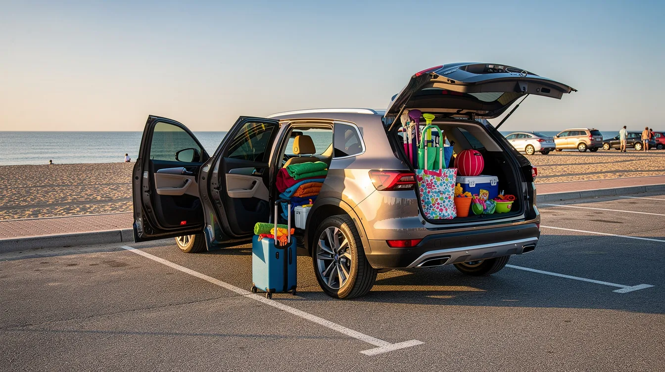 Un SUV familiare carico di bagagli e attrezzatura da spiaggia in un parcheggio sul mare.