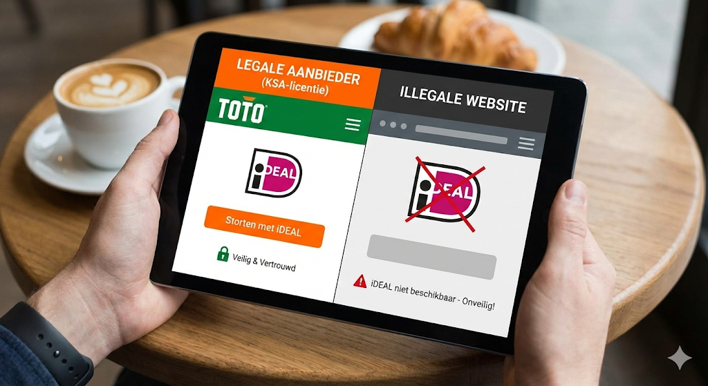 Legale vs illegale iDEAL bookmakers – verschil tussen een legale aanbieder met KSA-licentie en een illegale website, belangrijk bij het kiezen van de beste iDEAL bookmaker met veilige en betrouwbare transacties.