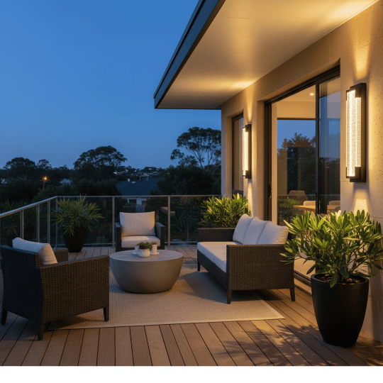 Modern outdoor wall light fixtures illuminating deck seating area at night.