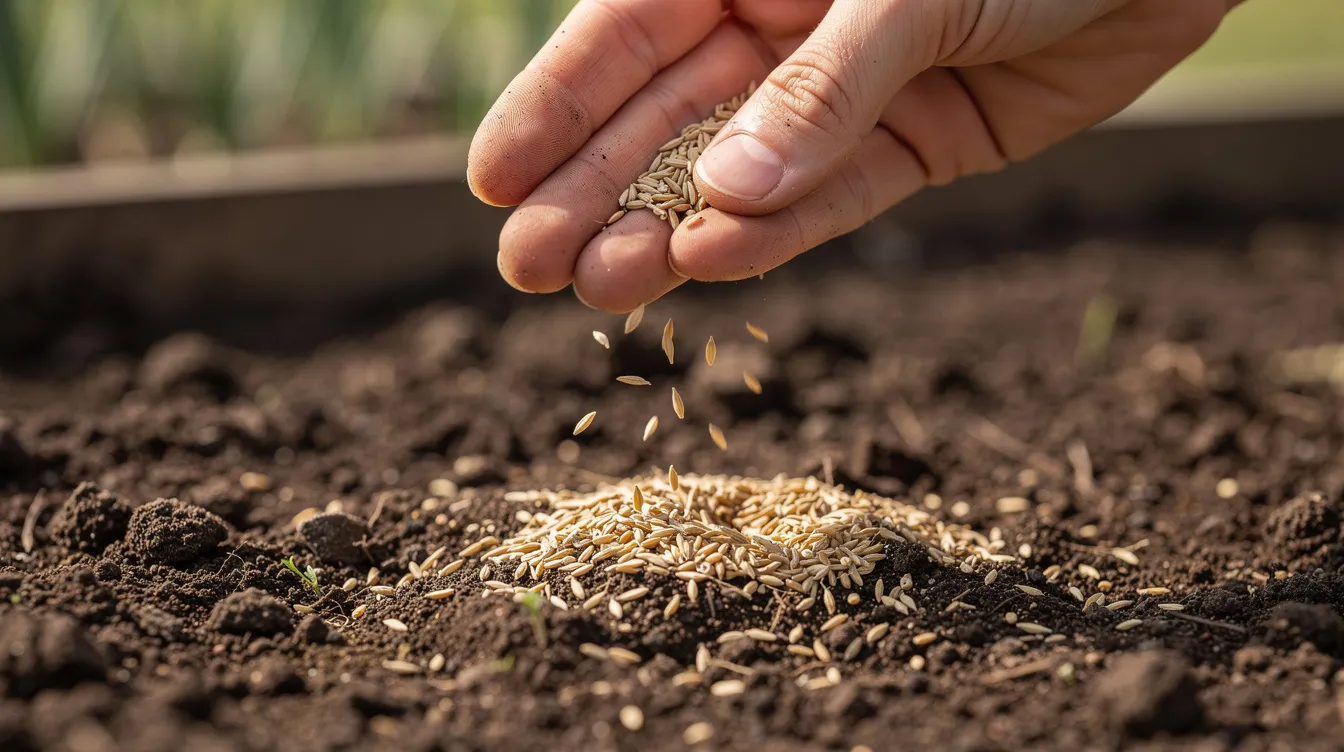 A close-up view shows a hand spreading grass seed onto bare patches of soil, preparing the area for a lush green lawn. This early spring lawn care activity aims to promote root growth and repair bald patches caused by dead grass and lawn weeds.