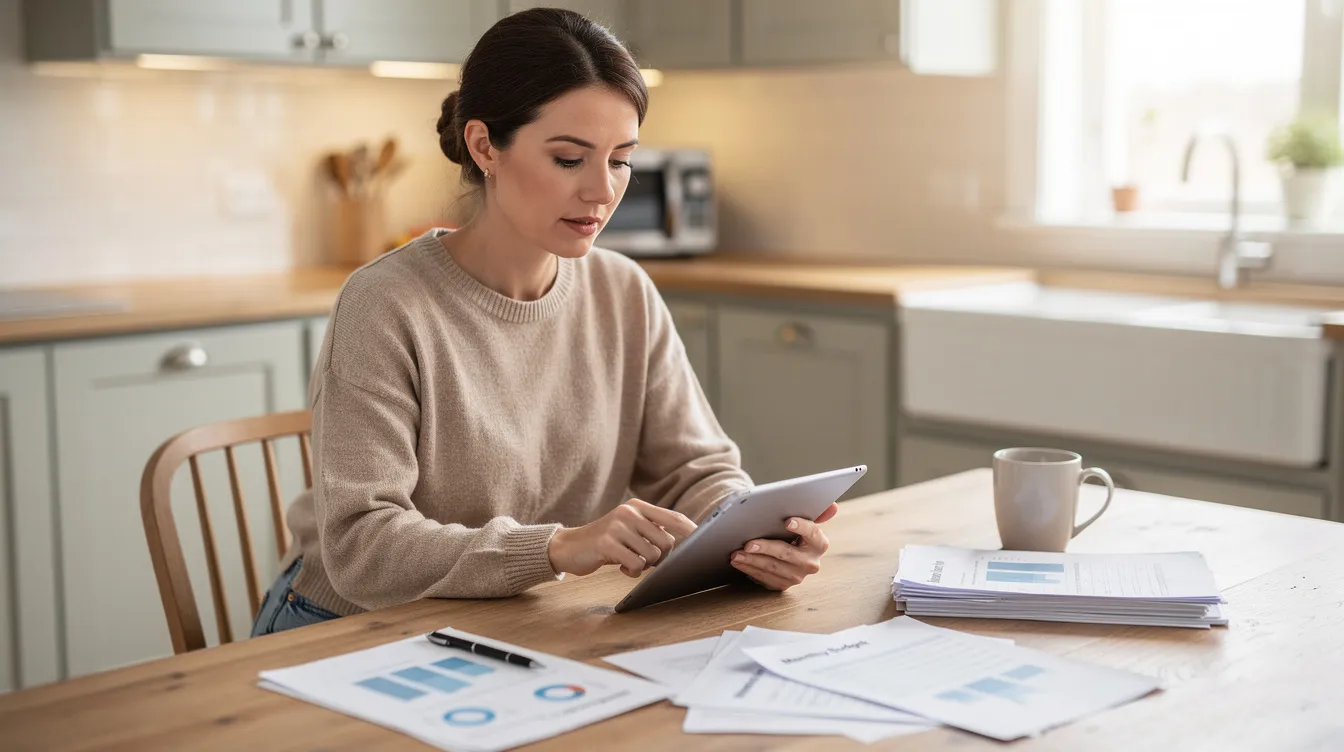 A woman is sitting at a kitchen table, focused on her tablet computer, with several documents spread out nearby. The scene suggests she may be reviewing important information related to a loan application or financial documents, possibly considering options for 免 入 息 貸款 or submitting 入 息 證明.