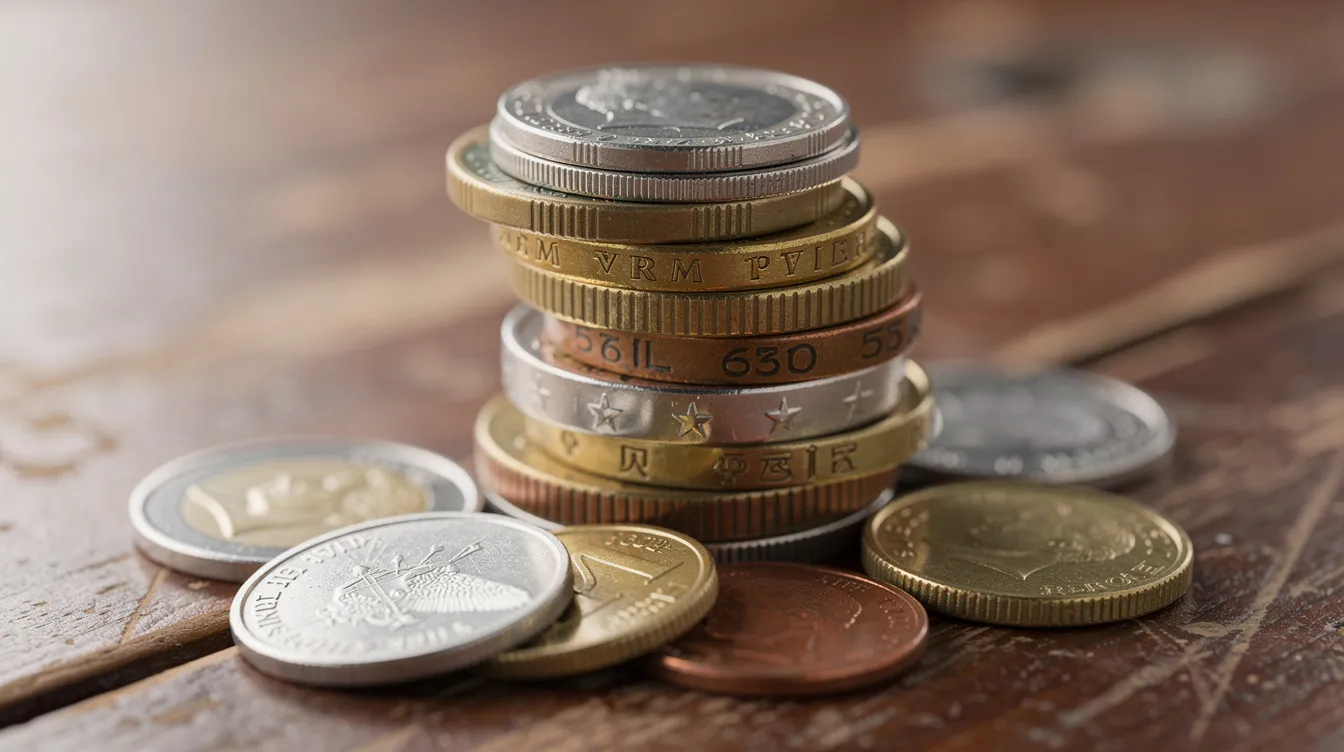 The image features a collection of stacked coins from various countries arranged on a wooden table, symbolizing international payments and the complexities of cross-border transactions. This visual representation highlights the diversity of currencies involved in global payments, which can include transaction fees and varying costs associated with different payment platforms like Payoneer and Stripe.