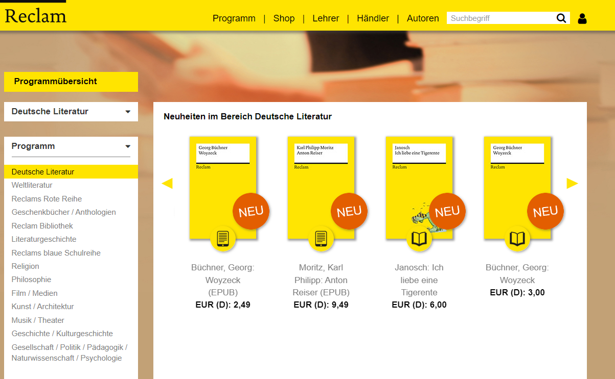 Screenshot von der Reclam Website als Corporate Design Beispiel