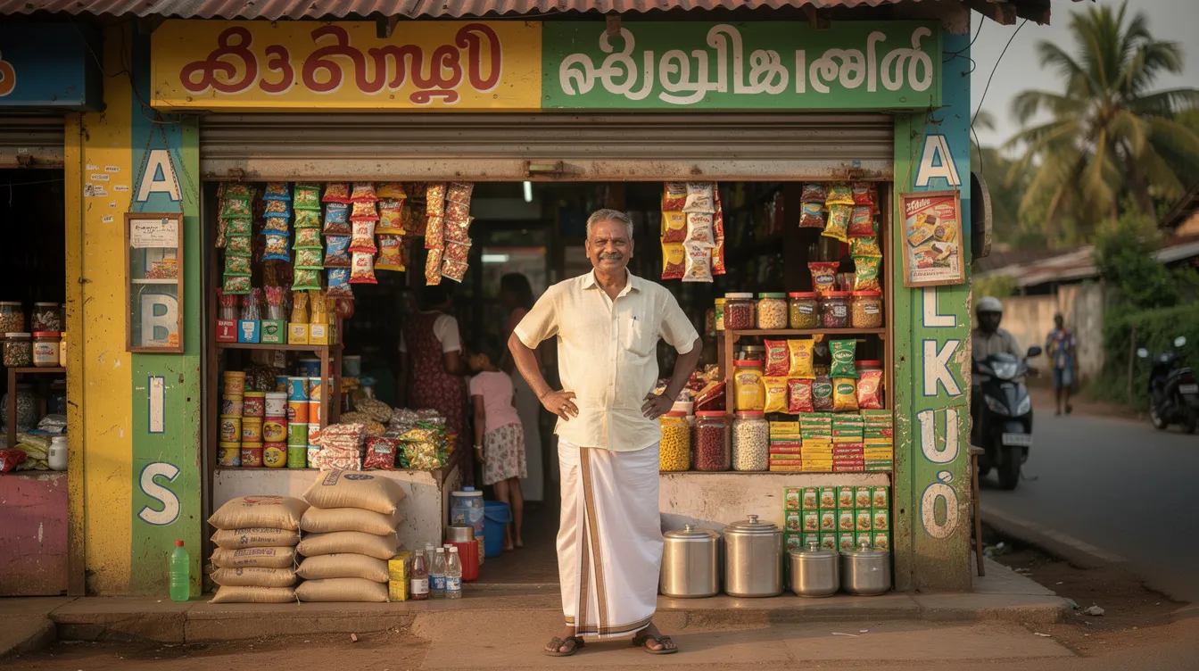 A small business owner in Kerala stands proudly in front of a vibrant local shop filled with various goods on shelves, showcasing the spirit of micro enterprises. This scene highlights the importance of affordable credit and financial institutions in supporting such businesses through schemes like the Mudra loans, aimed at fostering growth and development in the community.