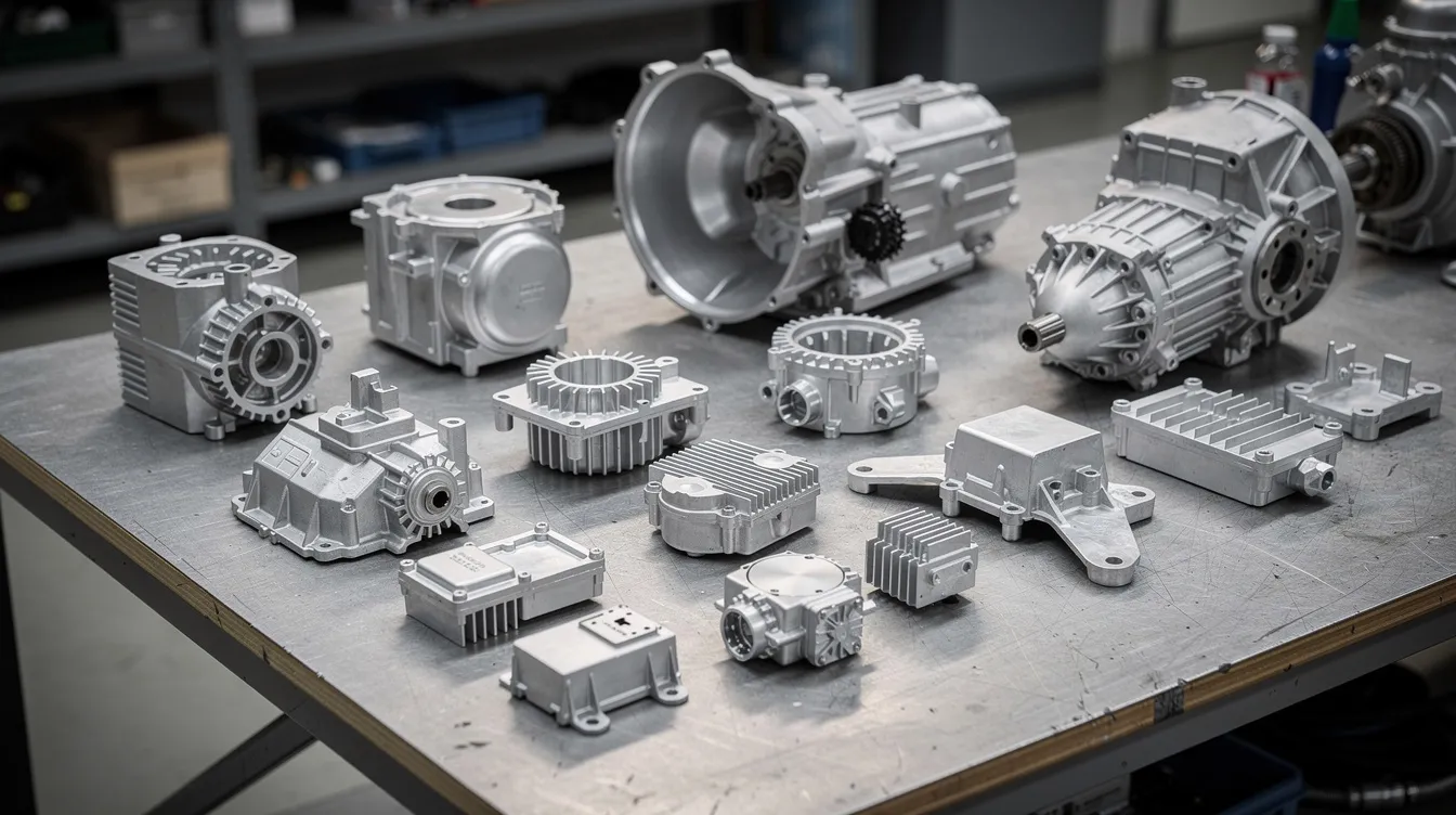 The image shows an array of precision aluminum die casting automotive and electronic components neatly arranged on a workbench, highlighting various die casting parts and showcasing the advanced technology used in the die casting process. These components reflect the high precision and quality assurance typical of the aluminum die casting industry.