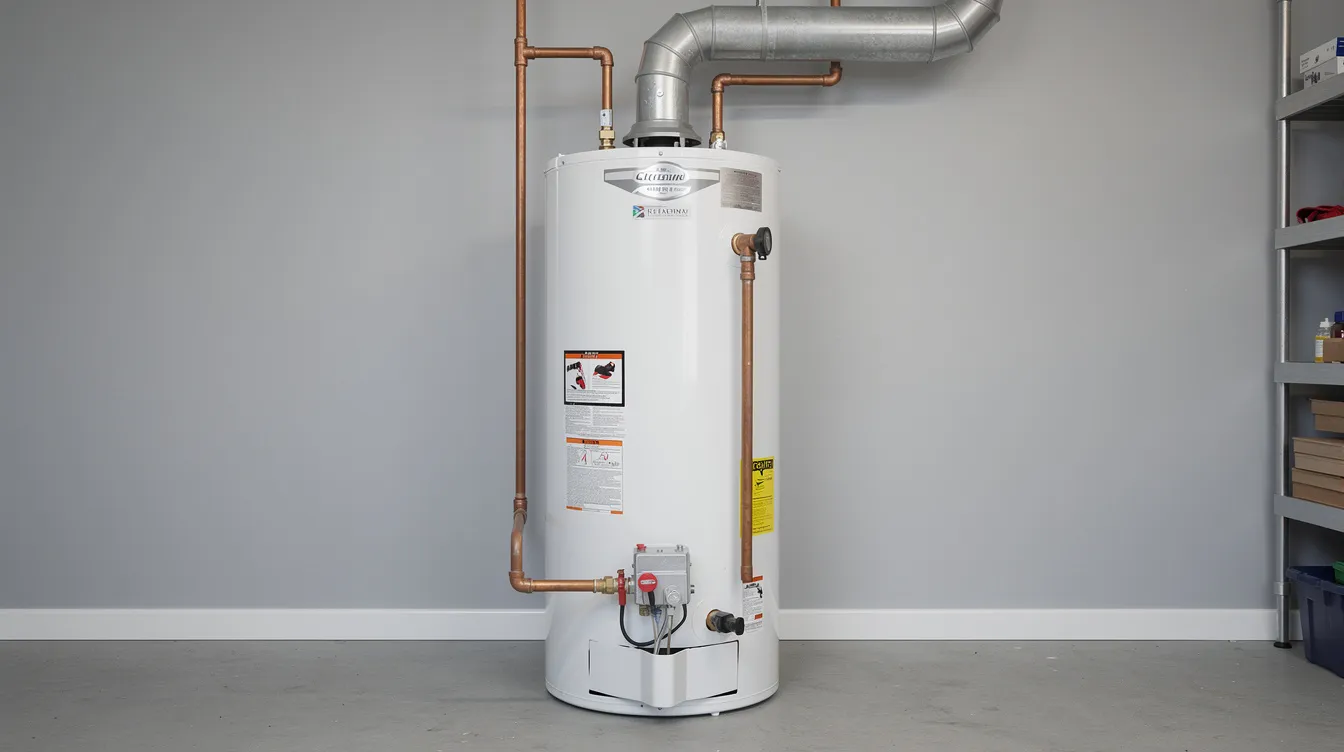The image depicts a residential tank water heater installed in a clean utility room, featuring visible pipes and connections that are part of the home's plumbing system. This efficient plumbing system is crucial for maintaining proper water flow and preventing plumbing issues such as leaks and costly repairs.