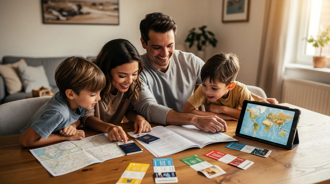 A family with young children is gathered around a table, closely examining various travel documents, including a Spanish passport and birth certificates. They appear engaged and curious, likely discussing the process of obtaining Spanish citizenship and the requirements for dual nationality.