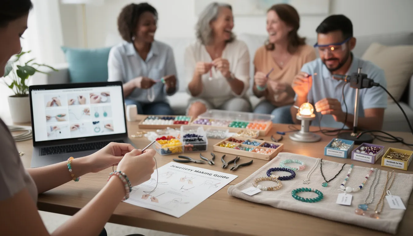 The image depicts a vibrant assortment of jewellery making kits, featuring colorful beads, threads, and tools arranged neatly on a crafting table. This inviting setup showcases the creativity and fun that comes with starting your jewellery making journey, perfect for beginners and experienced crafters alike.