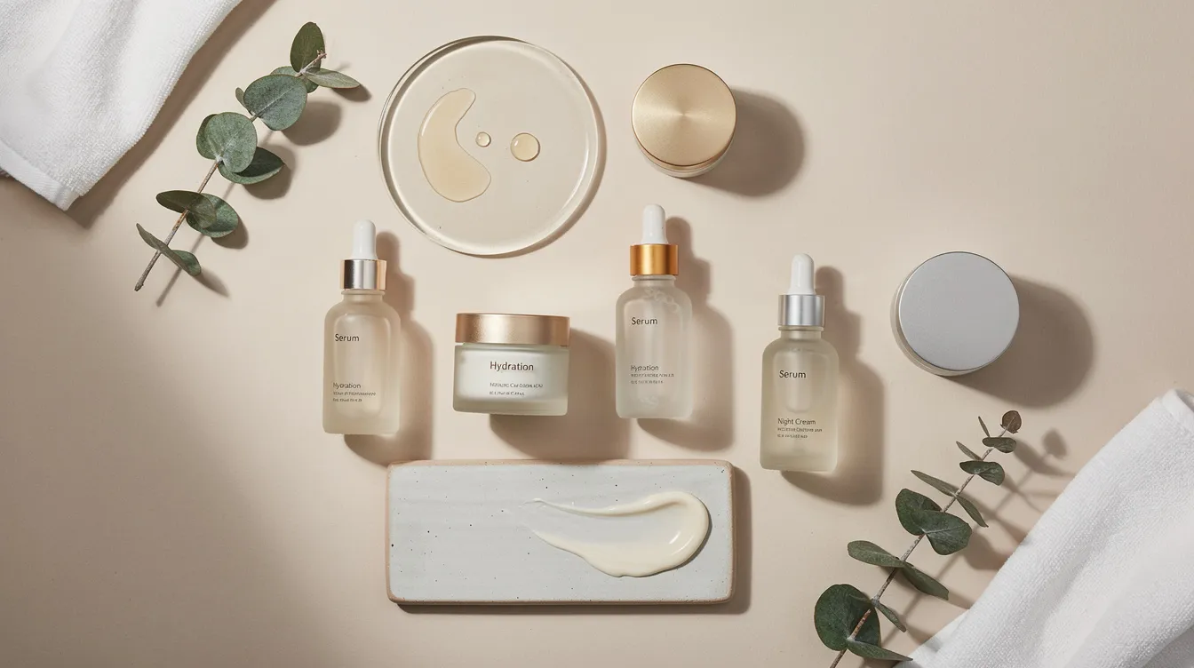An aesthetically arranged collection of skincare products, including serums and creams, highlights active ingredients such as vitamin C and hyaluronic acid, which are known for their benefits in reducing dark spots and improving skin texture. This visually appealing display emphasizes the importance of a consistent skincare routine for healthier, firmer skin.