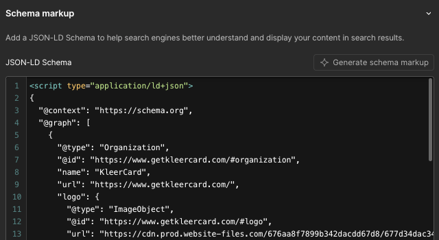 Webflow schema markup editor showing a JSON-LD script with Organization schema, including context, graph, website URL, and logo configuration.
