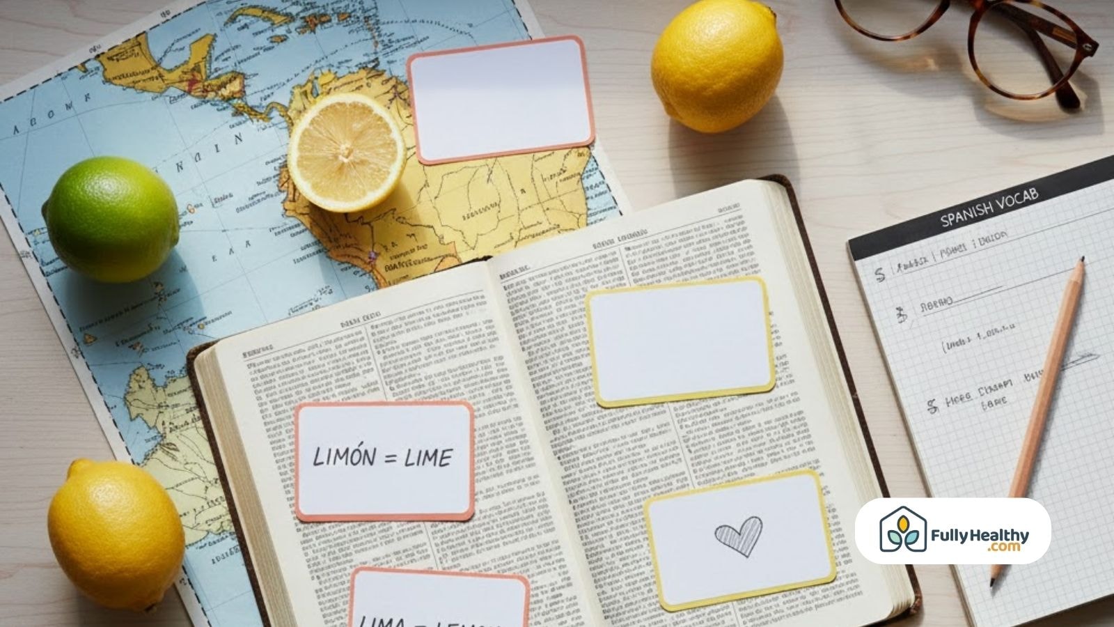 Spanish vocabulary notebook with lime lemon flashcards and Latin America map
