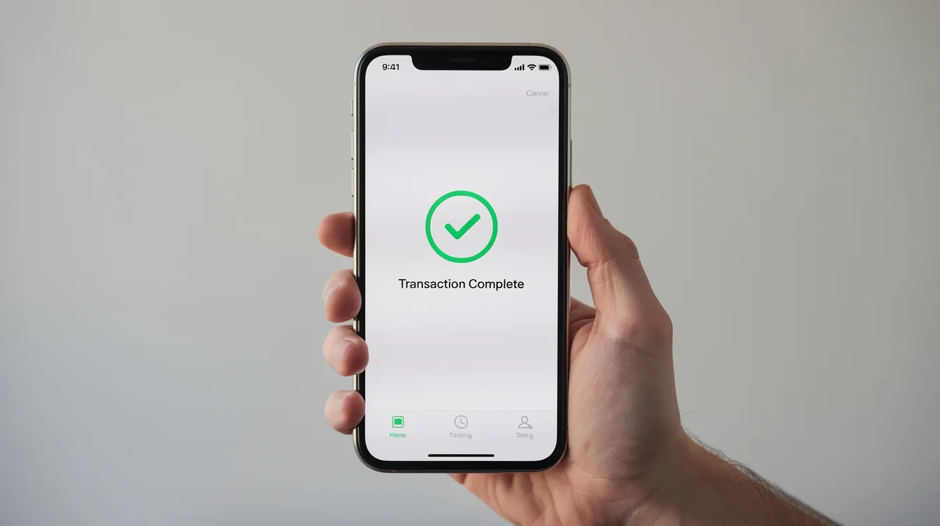 An open hand holds a smartphone showing a confirmation screen with a prominent checkmark, indicating a successful money transfer. This image symbolizes the ease of sending money abroad with minimal fees, highlighting the convenience of digital banking services.