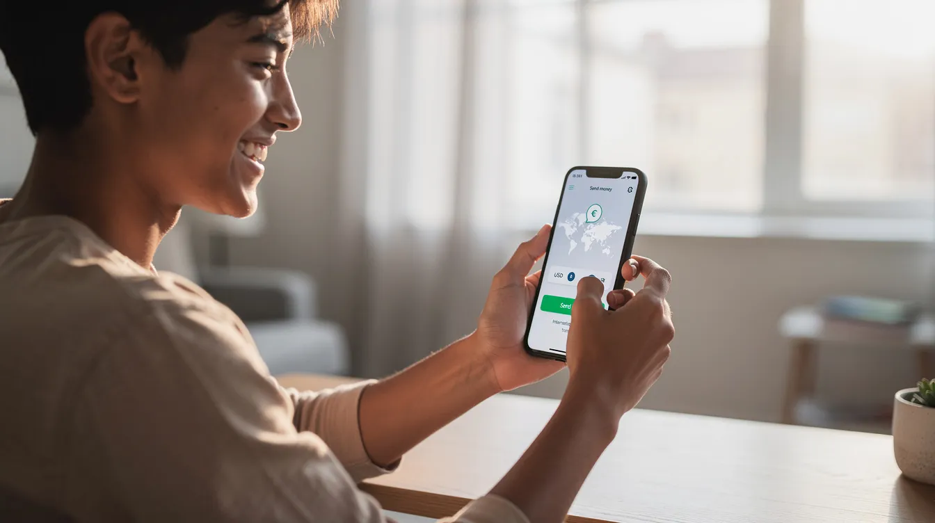 A person is smiling while using a mobile phone app to send an international money transfer, showcasing the ease of electronic payments like ACH or wire transfers. The image captures the convenience of transferring funds directly from their bank account to the recipient's account, emphasizing the modern approach to financial transactions.