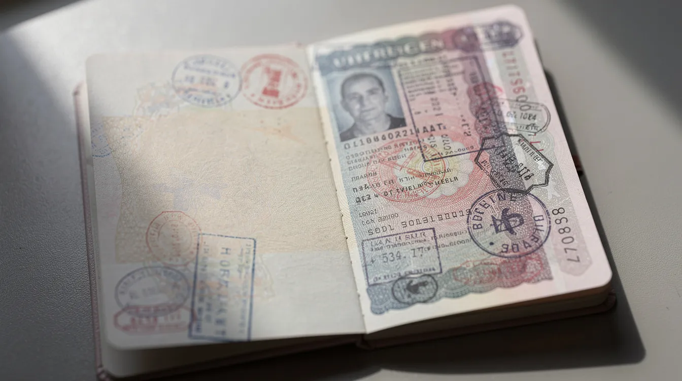 The image features an open passport displaying a visa sticker along with various travel stamps, symbolizing the journey and visa application process. This visual representation highlights the importance of visa decisions and the details involved in international travel.