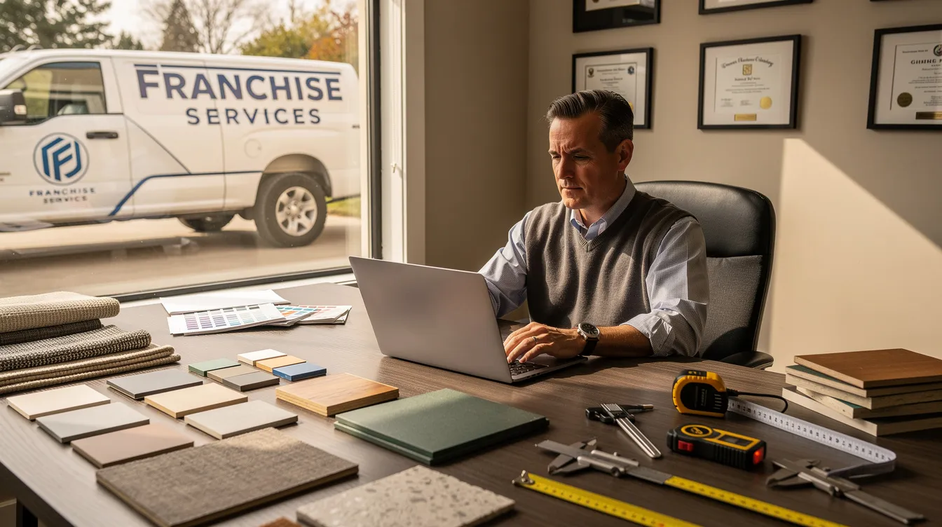 A franchise owner is working from a cozy home office, focused on their laptop while surrounded by material samples and measuring tools. Through the window, a branded vehicle is visible, highlighting their commitment to the commercial cleaning franchise and the essential services they provide to clients in the industry.