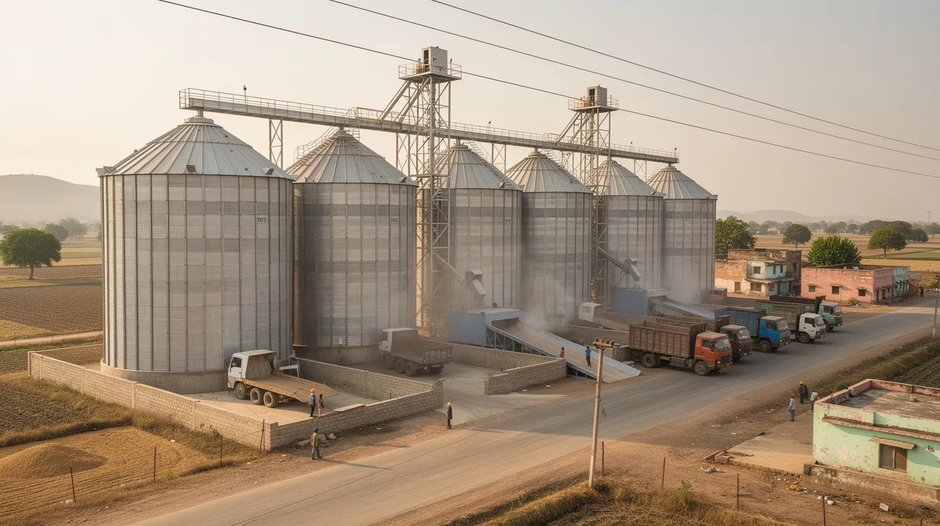dca9e475 3fd2 4561 a43b 74d95756bb1a The image depicts a complex of modern steel grain storage silos surrounded by conveyor towers and a truck receiving area, set in a rural Indian landscape. This facility is designed for bulk storage and effective grain management, ensuring the safe storage of large quantities of harvested grains while maintaining grain quality and preventing spoilage.