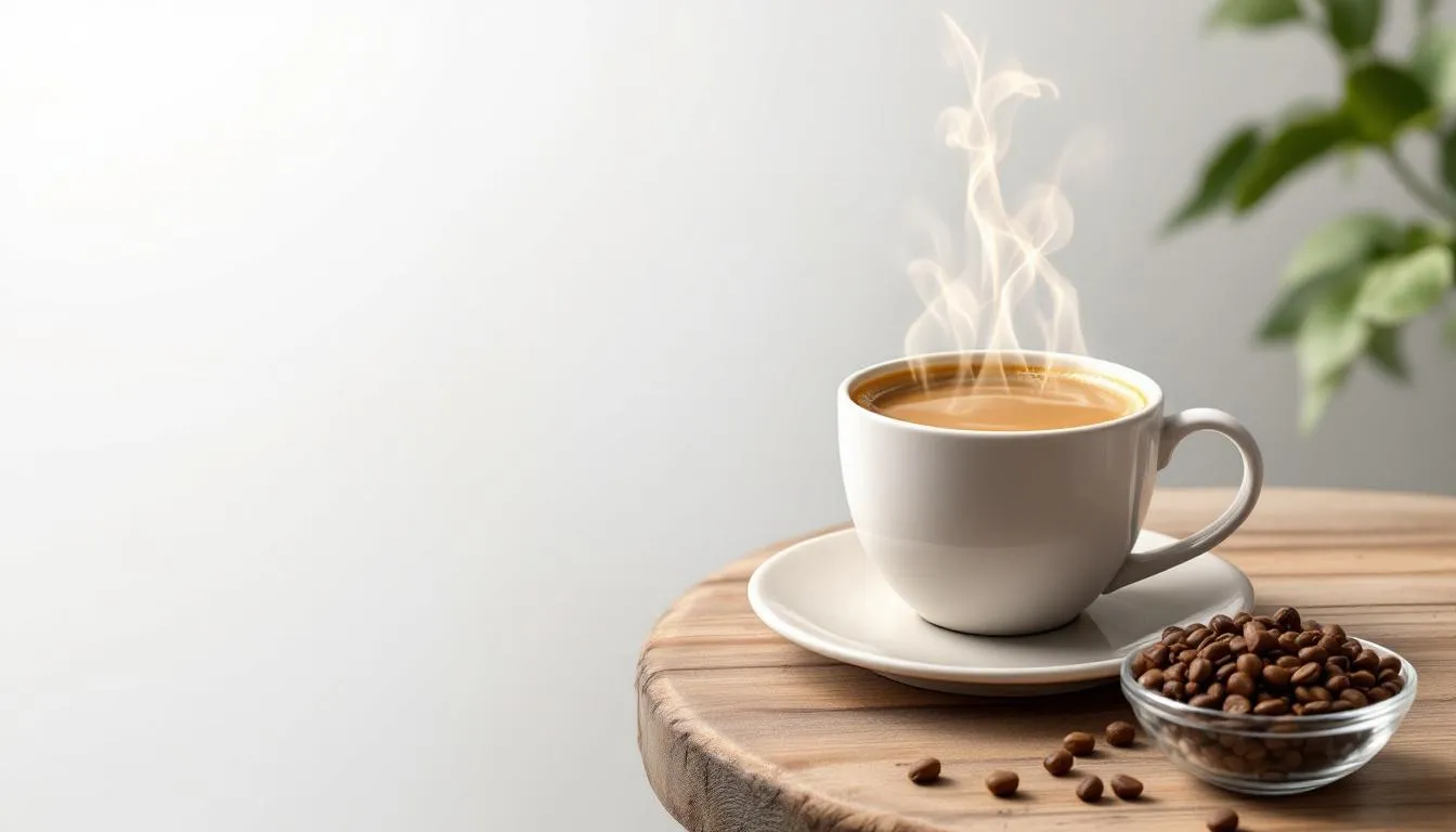A steaming cup of mushroom coffee with a cozy setting.