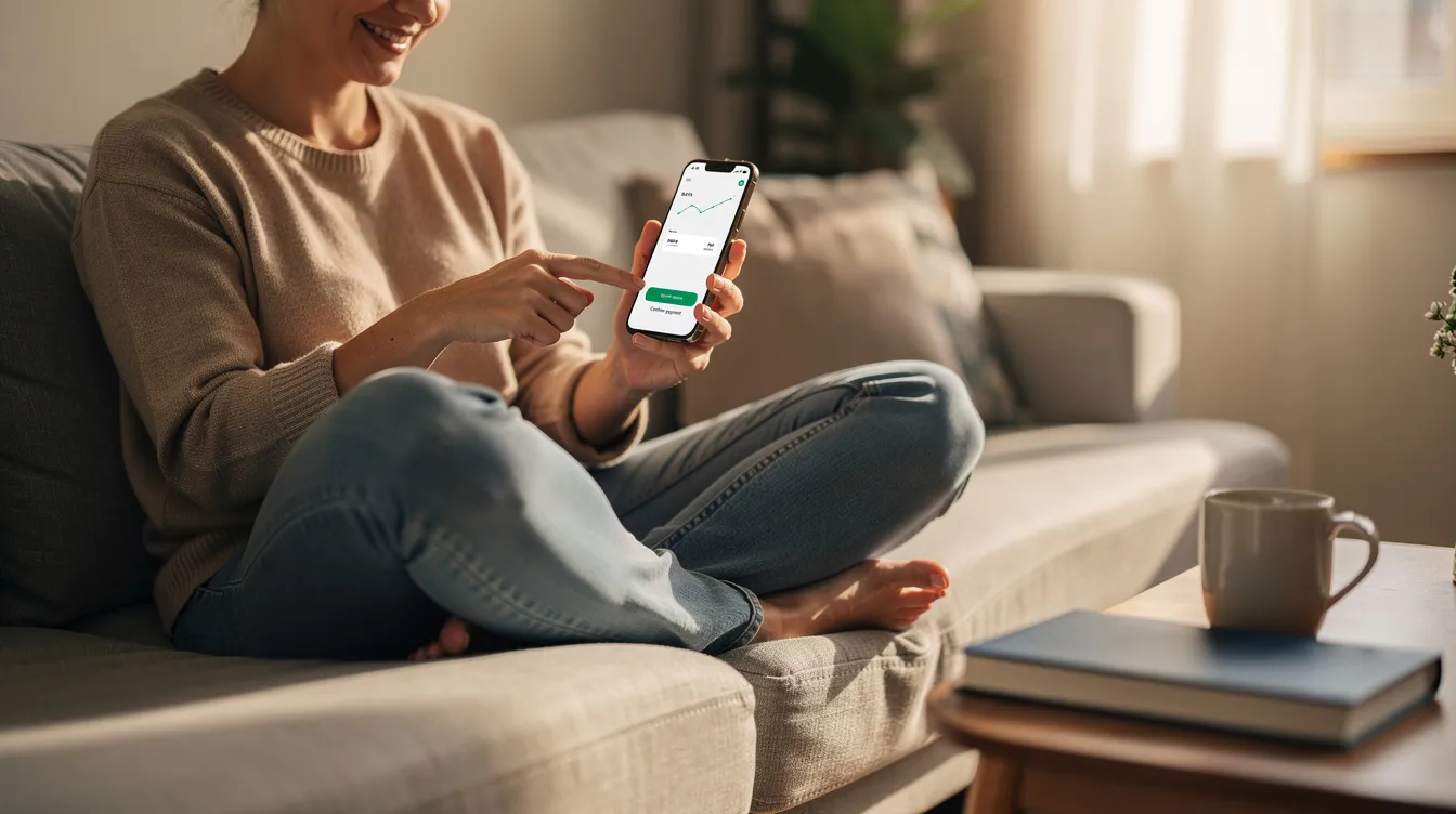 A person is sitting comfortably on a couch, using a smartphone with a relaxed expression to complete an online money transfer, likely to send money to Uganda. The scene conveys a sense of ease and security in managing financial transactions through mobile money services.