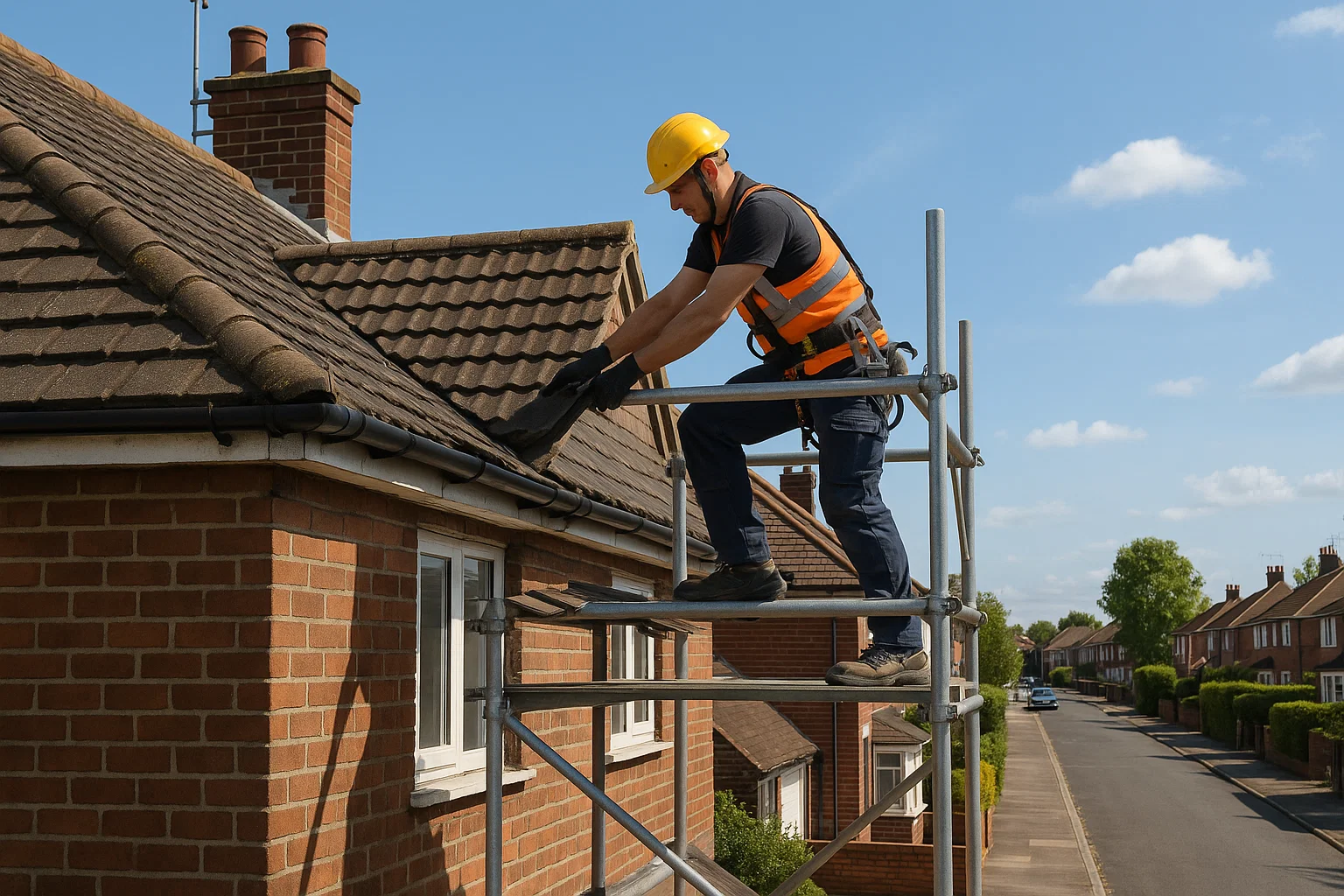 A roofing contractor working on a UK home roof from secure scaffolding.