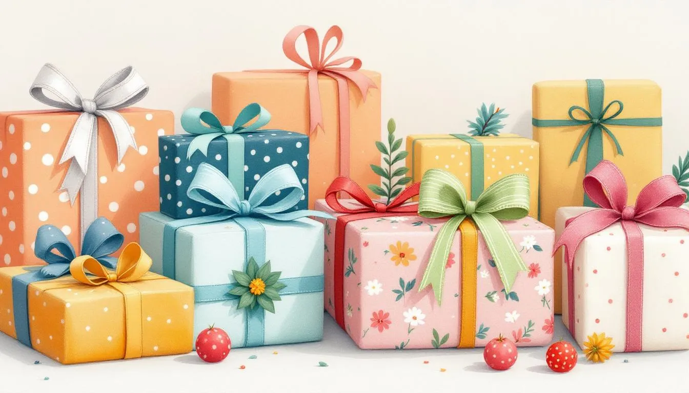 A creative display of fabric wrapping techniques, illustrating unique gift wrapping ideas.