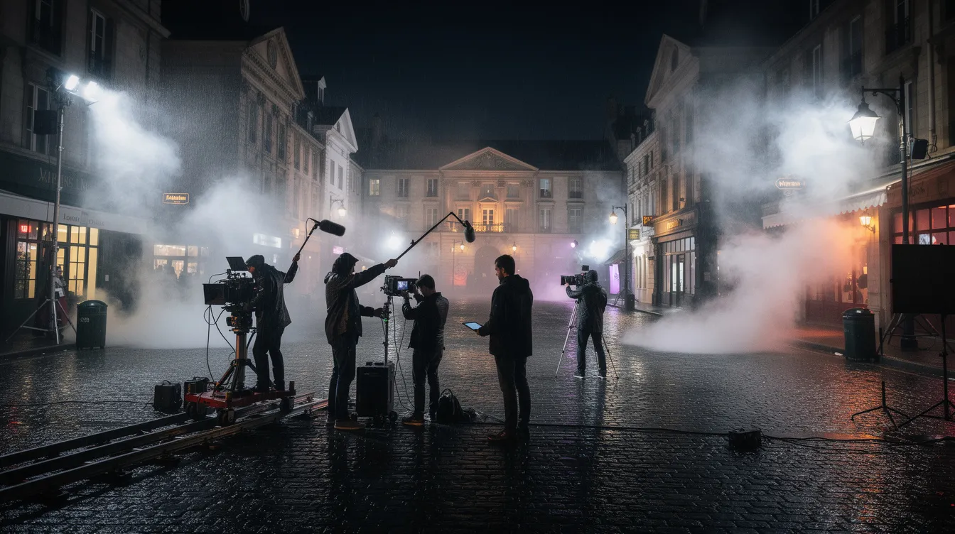 Das Bild zeigt ein Filmset bei Nacht, das aufwendig beleuchtet ist und eine regennasse Straßenszene darstellt. Im Vordergrund sieht man ein Kamerateam, während im Hintergrund Rauchmaschinen für eine mysteriöse Atmosphäre sorgen, die an Ridley Scotts "Blade Runner" erinnert.