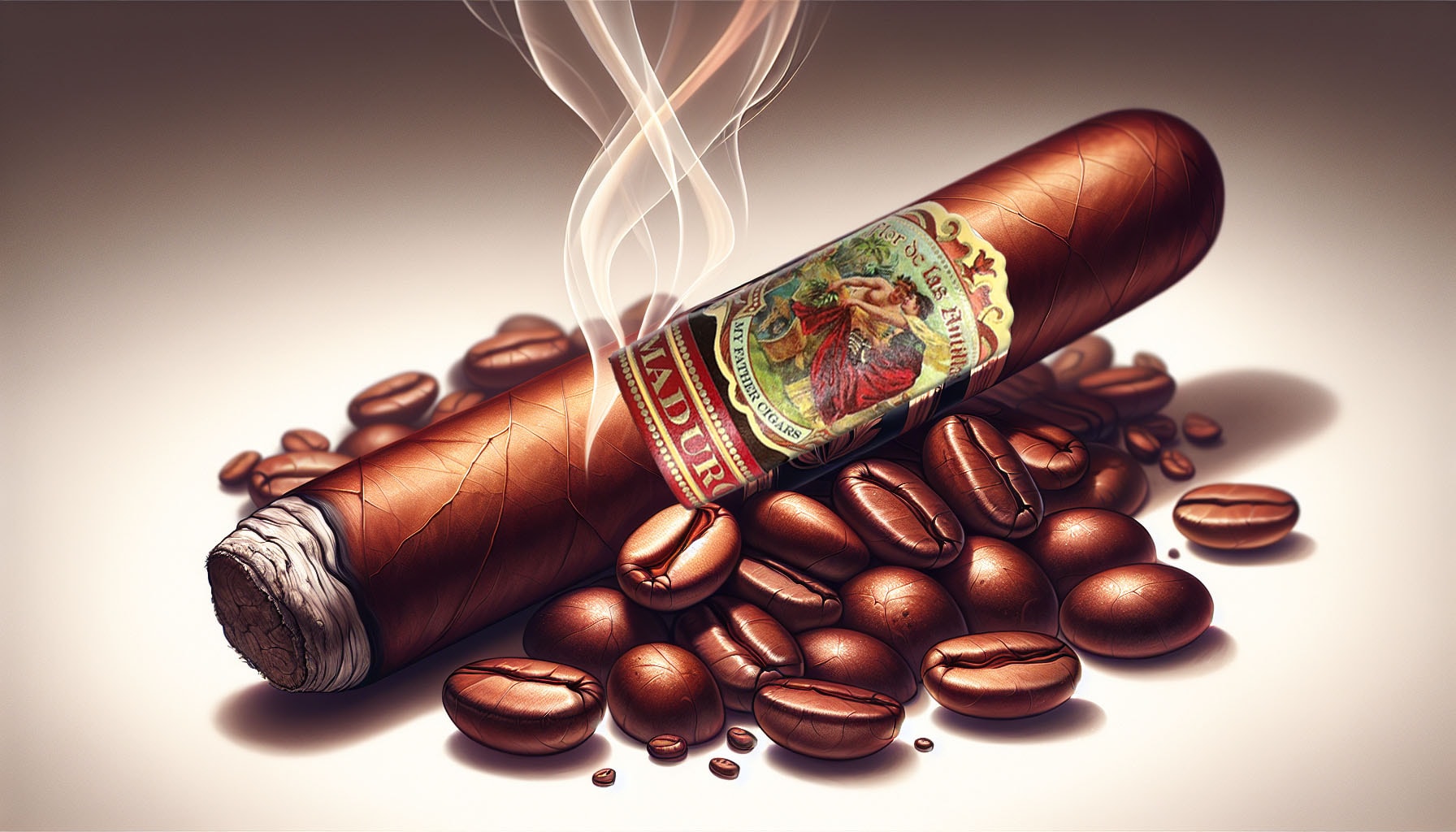 An artistic representation of a Flor de las Antillas Maduro Robusto cigar with coffee bean elements.