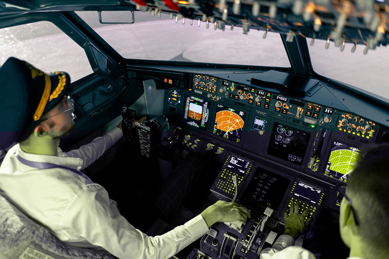 Training session for commercial pilots using flight simulator