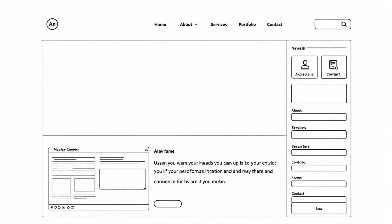 The image depicts a website wireframe that outlines a clear header structure and navigation elements, essential for enhancing user experience and improving search engine optimization. It illustrates how organized internal links and effective meta tags can help search engines understand the website's content and improve its visibility in search engine results pages.