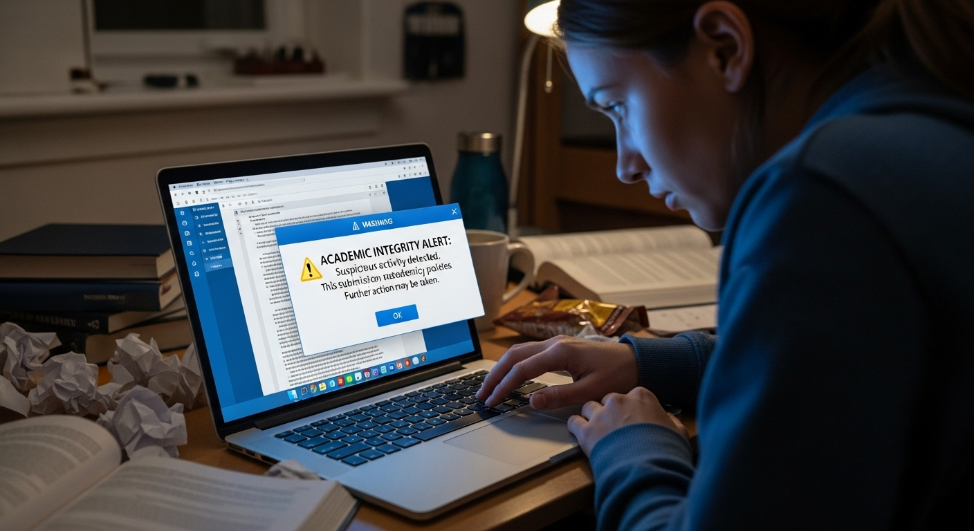 Student submitting AI-generated essay while academic integrity warning appears on screen.
