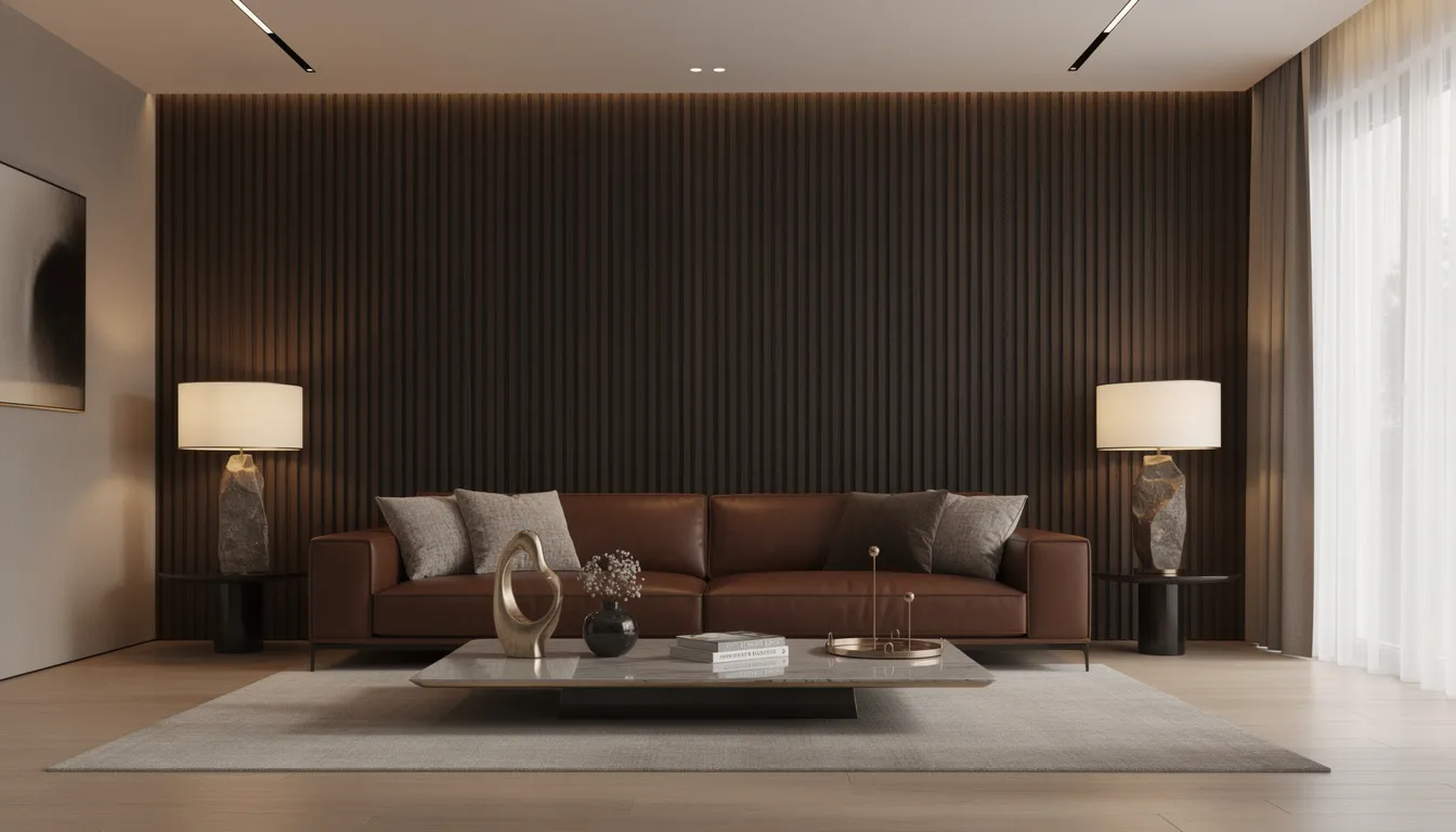 Een ruime woonkamer met een donkere houten lattenwand achter een grote leren bank, verlicht door warme verlichting en voorzien van luxe accessoires. De houten wandpanelen creëren een unieke sfeer en dragen bij aan de moderne uitstraling van de ruimte.