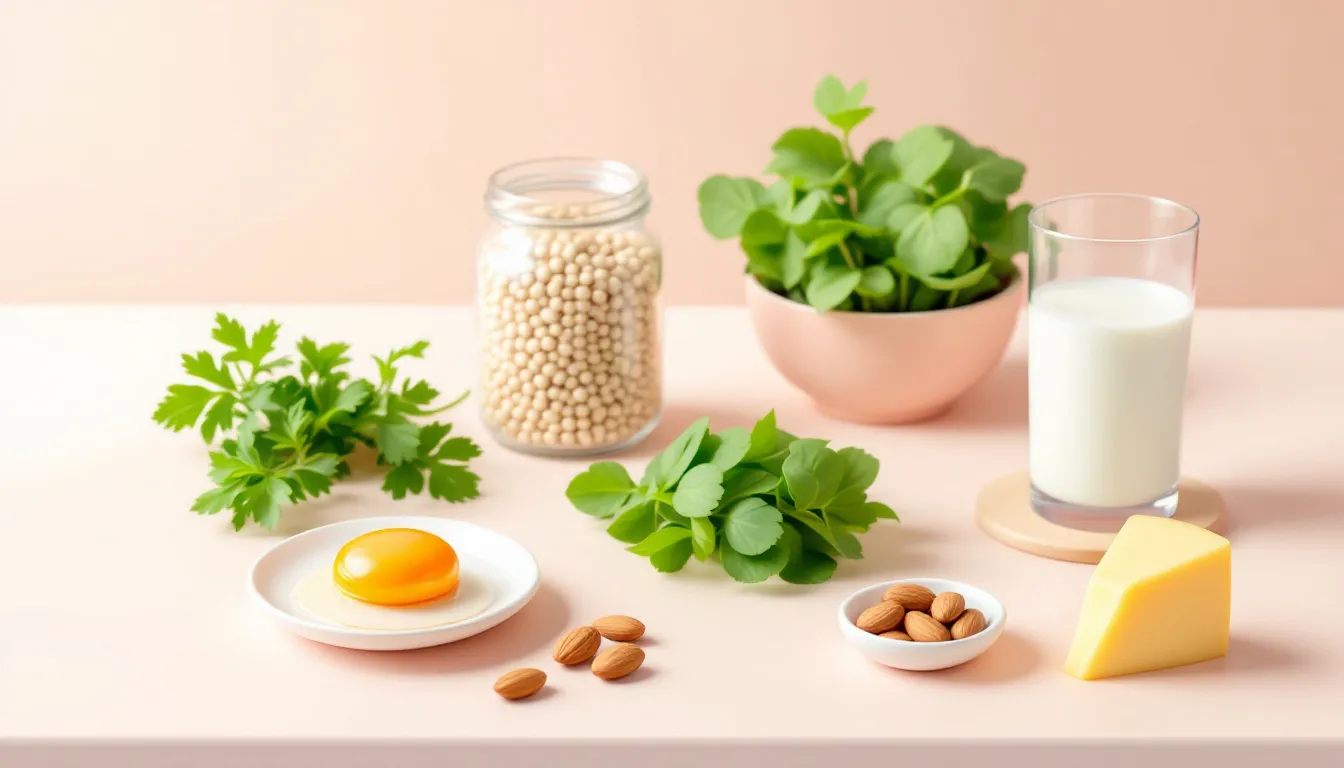 A variety of choline-rich foods displayed on a kitchen counter, showcasing sources of dietary choline.