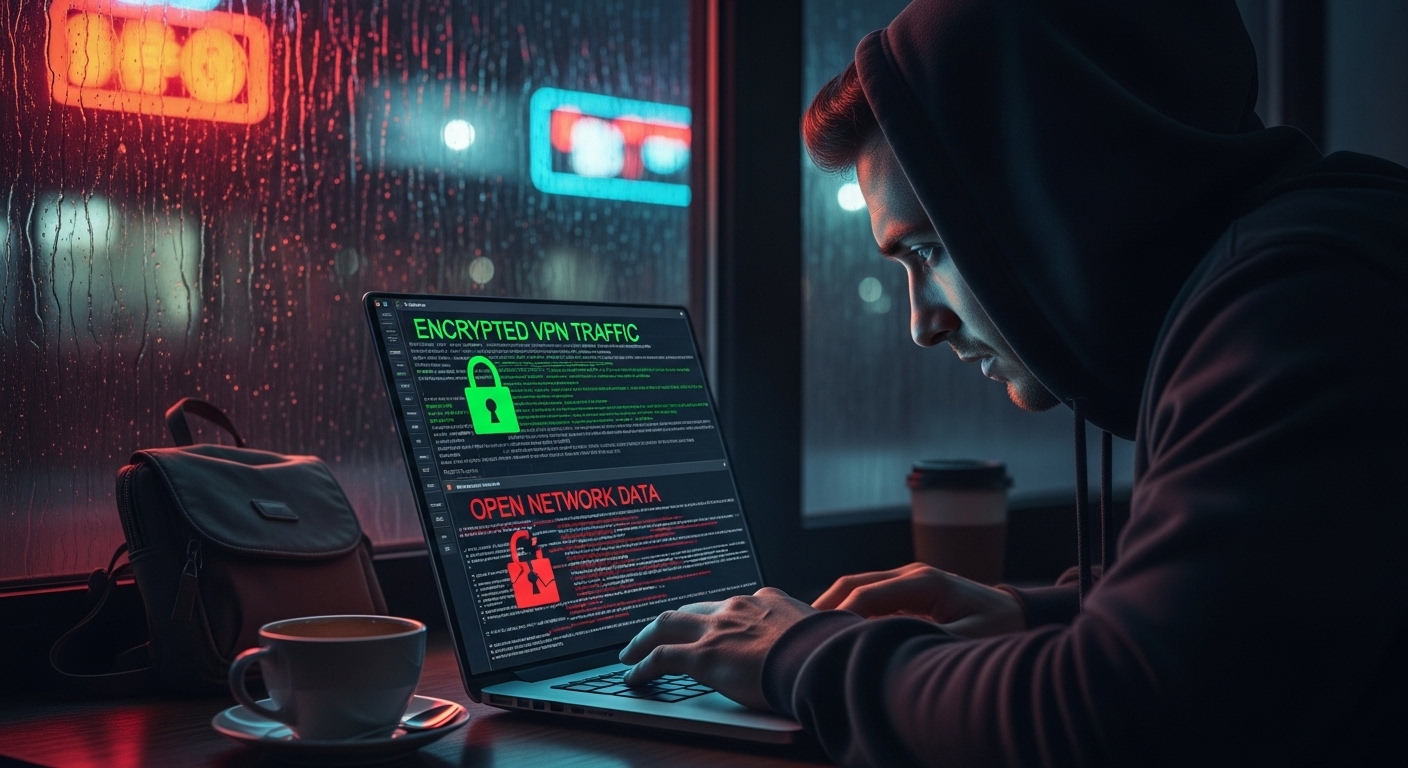 Hacker attempting to intercept data on an open network while encrypted VPN traffic remains unreadable.
