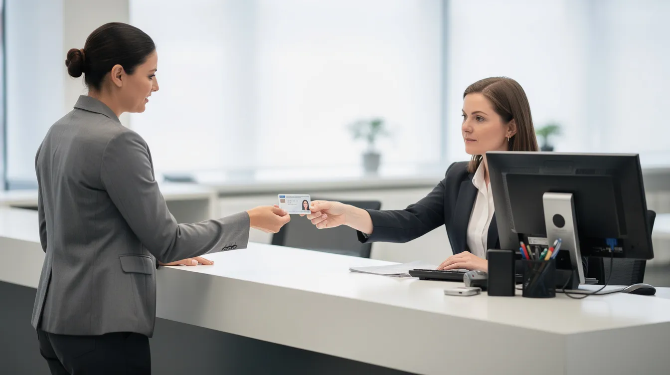 The image shows a person standing at a service counter, handing an identification document to a clerk for verification. This interaction is often necessary for processes like opening a bank account or conducting a bank transfer, ensuring security and compliance with financial institutions.