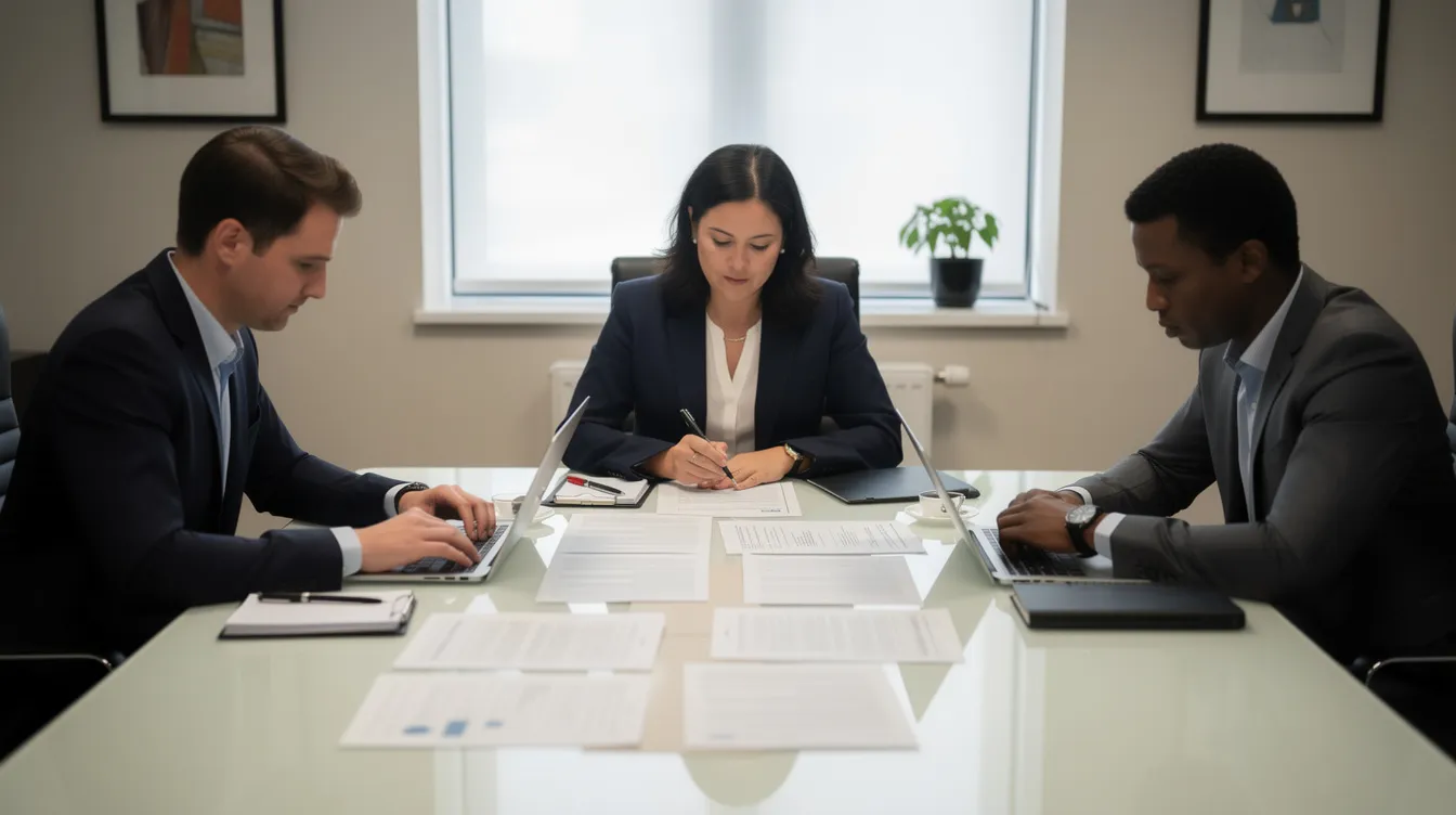 La imagen muestra a dos personas y a un mediador neutral sentados en una mesa de reuniones en una oficina privada, participando en el proceso de mediación mientras revisan documentos relacionados con una reclamación por lesiones personales. Este entorno pone de relieve el ambiente colaborativo orientado a resolver disputas por lesiones personales mediante el diálogo y la negociación.