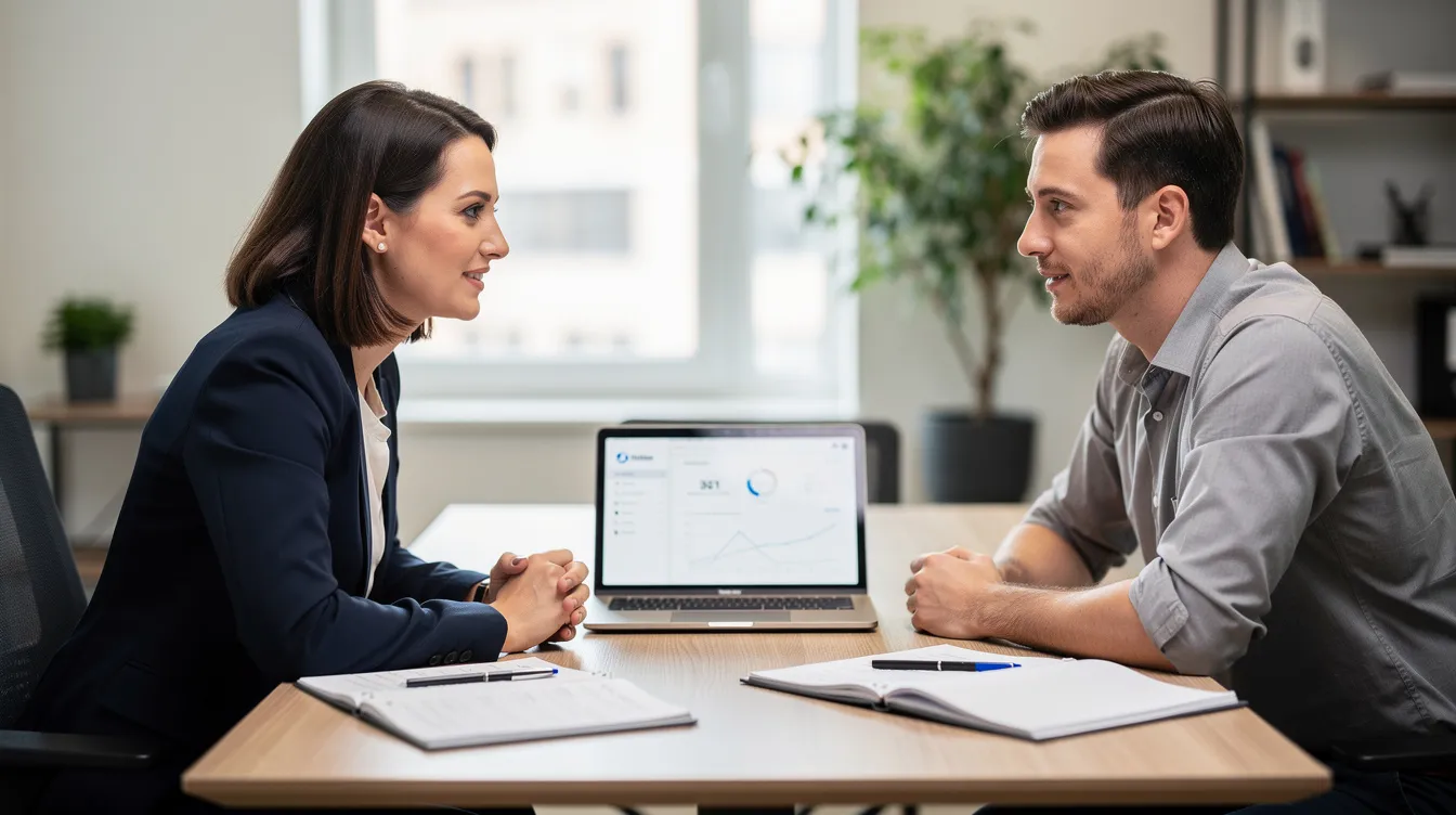 The image shows two professionals engaged in a consultation meeting at a desk, surrounded by notebooks and a laptop, discussing strategies for a successful LMS implementation plan. They appear focused and collaborative, emphasizing the importance of effective training materials and a well-structured implementation process for their learning management system. The image shows two professionals engaged in a consultation meeting at a desk, surrounded by notebooks and a laptop, discussing strategies for a successful LMS implementation plan. They appear focused and collaborative, emphasizing the importance of effective training materials and a well-structured implementation process for their learning management system.