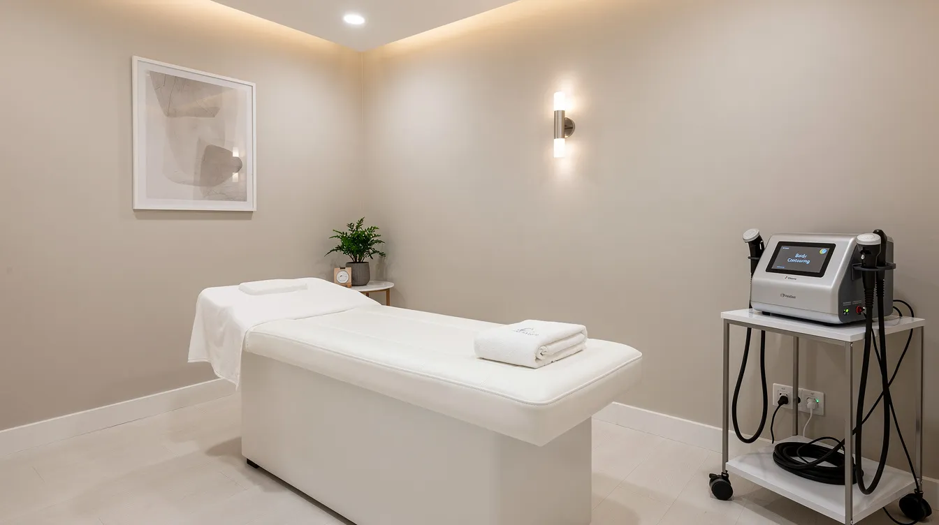 The image shows a modern and clean medical treatment room featuring a comfortable treatment bed, soft lighting, and professional body contouring equipment neatly arranged on a side table, creating a serene environment for various body contouring procedures. This setting is designed to enhance patient comfort and care during treatments like liposuction and tummy tuck.