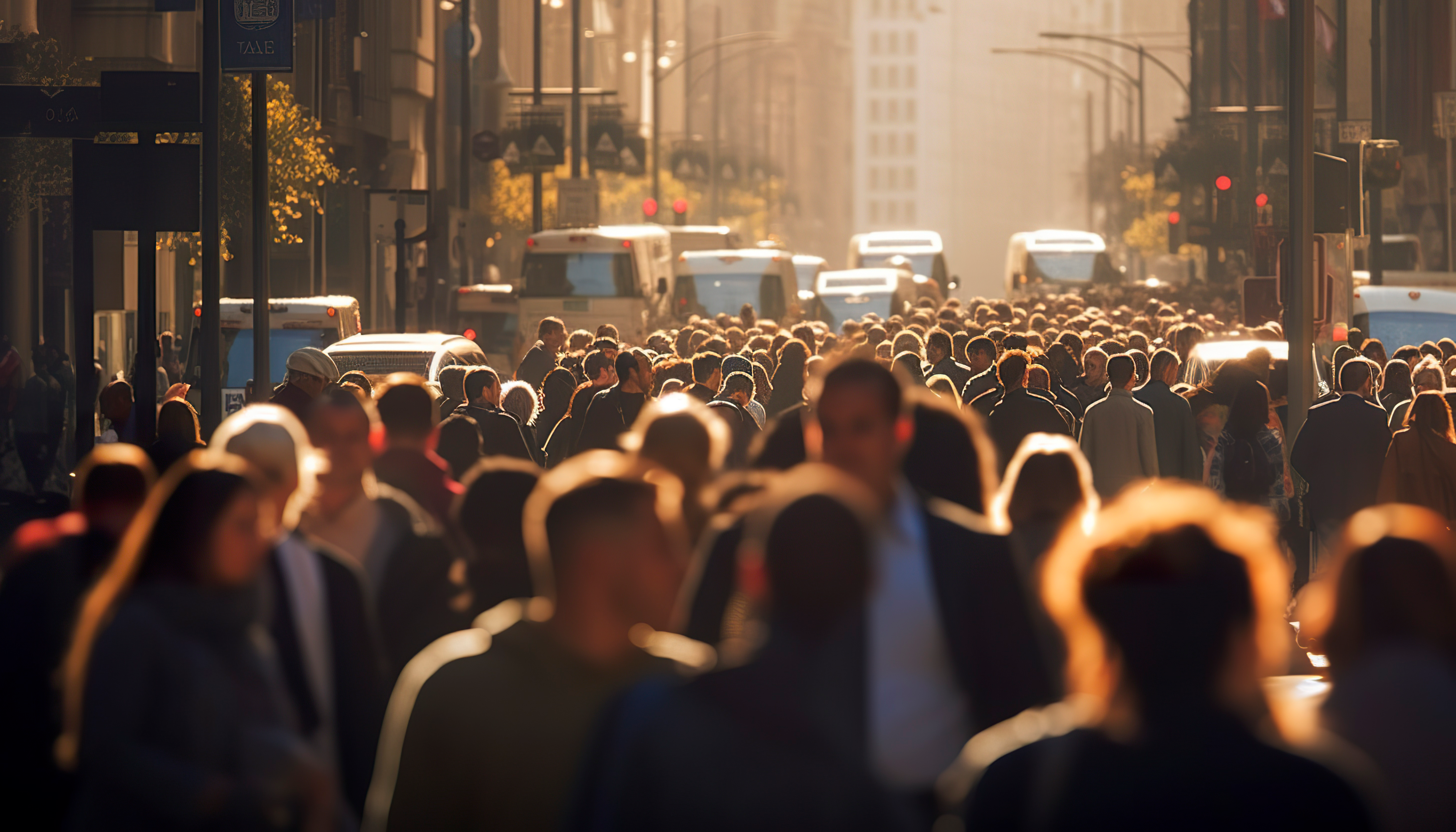 crowd of commuters walking on a busy street