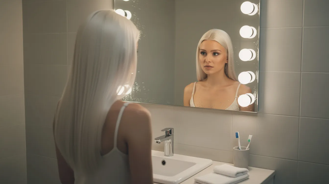 A woman with bright platinum blonde hair is gazing into a bathroom mirror, contemplating her hair care routine. She may be considering how long to leave purple shampoo in her hair to maintain vibrant color and counteract brassy tones.