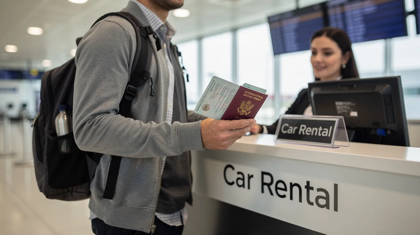 A person stands at a car rental counter, holding a passport and an international driving permit, ready to rent a vehicle for their trip abroad. This image highlights the importance of having valid documentation, such as an international driver's license, when driving in foreign countries.