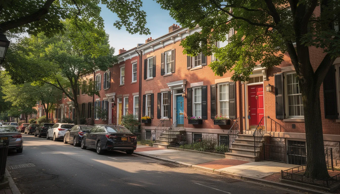 Best Pennsylvania Home Buyers The image depicts classic brick rowhomes lining a tree-filled street in Philadelphia, Pennsylvania, showcasing the charming architecture typical of the area. This scene reflects the appeal for home buyers in Philadelphia, particularly for those seeking to purchase properties in a vibrant neighborhood.