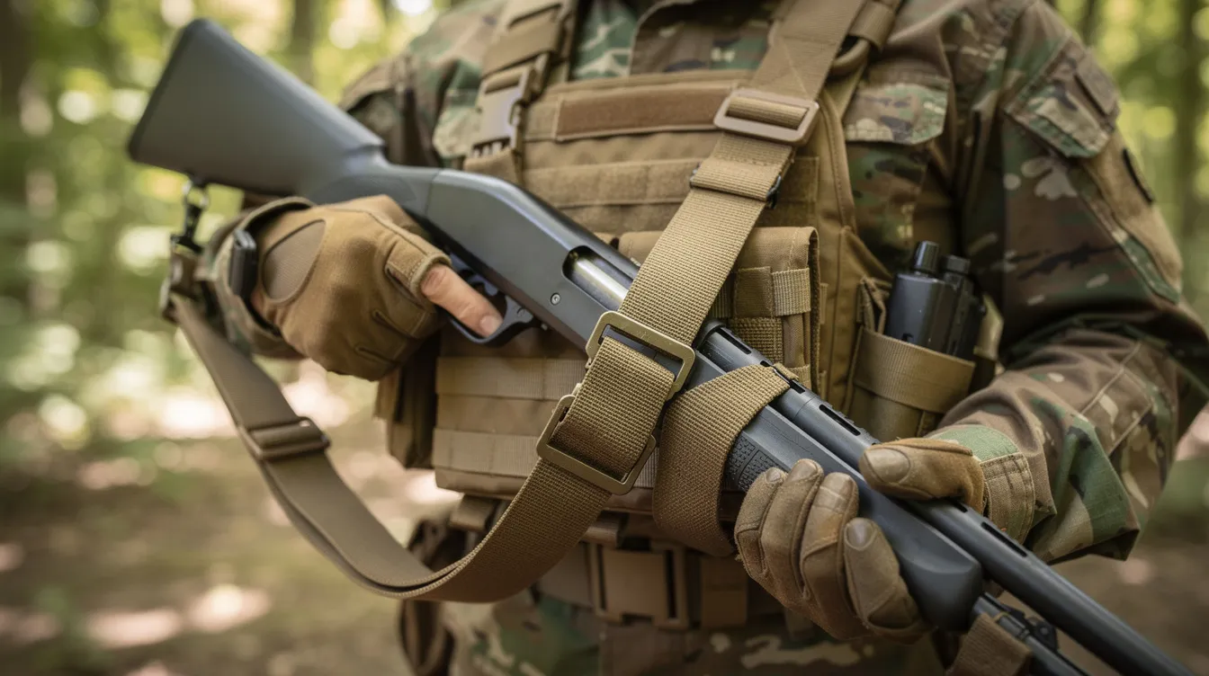 A close-up view of a tactical two-point sling attached to a pump-action shotgun, held by a player dressed in woodland gear, showcasing essential airsoft accessories for improved handling and comfort during gameplay. The image highlights the importance of proper equipment for airsoft players in outdoor environments.