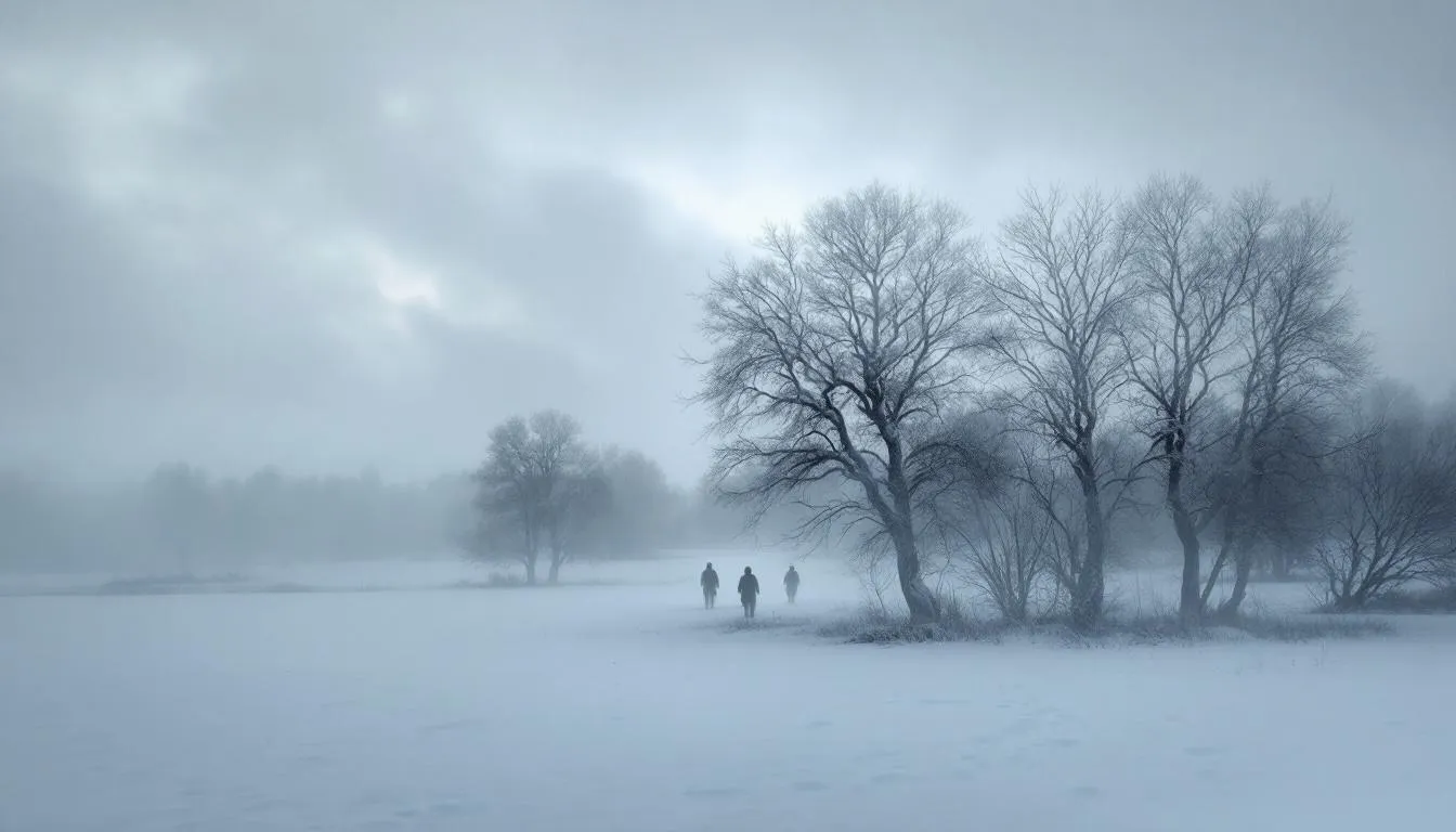 In einer nebligen Winterlandschaft sind mystische Gestalten in der Ferne zu sehen, umgeben von einer geheimnisvollen Atmosphäre, die an die rauhnächte erinnert. Die Kälte und Dunkelheit schaffen eine magische Zeit der Besinnung und Reflexion, während der Jahreswechsel naht.