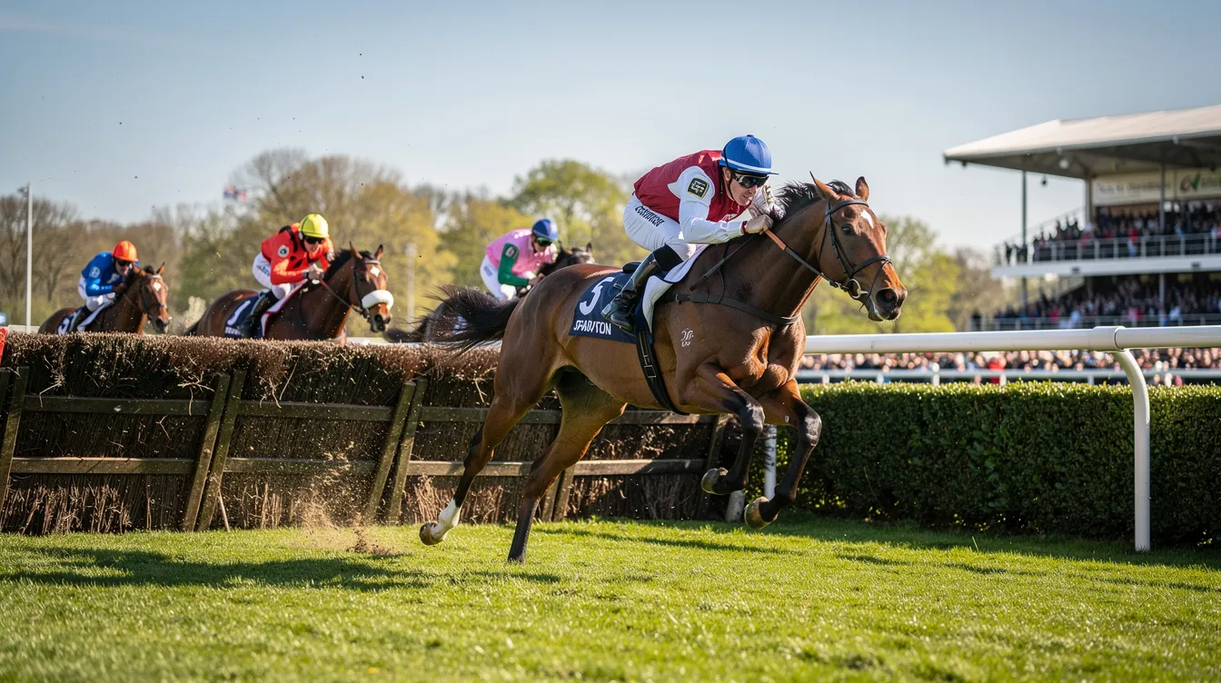 A vibrant scene capturing horses gracefully leaping over steeplechase fences at a racecourse on a sunny spring day, showcasing the excitement of horse racing, reminiscent of the Grand National events. The image evokes the thrill of competition, perfect for those interested in Grand National betting tips and the famous national fences.