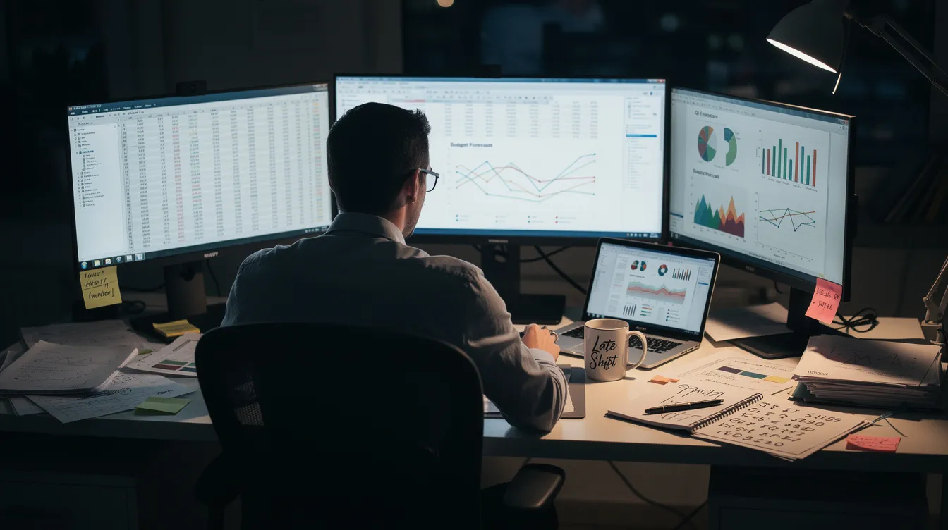 The image depicts a person working late at night at a desk, surrounded by multiple monitors displaying various Excel files and PowerPoint presentations. The screens are filled with spreadsheets, charts, and slides, illustrating a busy environment focused on creating and updating presentations with linked Excel data.