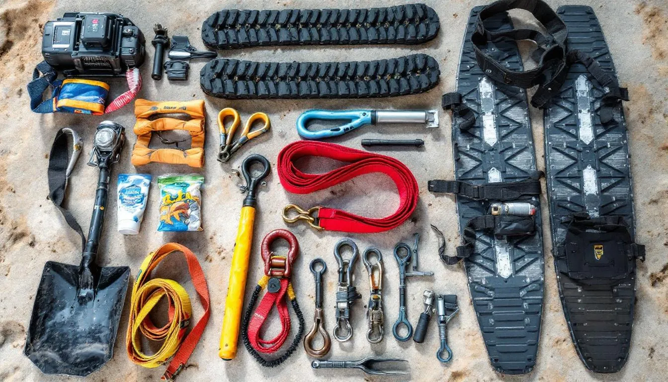 The image displays a comprehensive collection of essential off-road recovery gear, including various recovery straps, soft shackles, and traction boards neatly arranged. This gear is crucial for vehicle recovery, ensuring preparedness for any situation when trucks or vehicles get stuck on trails.