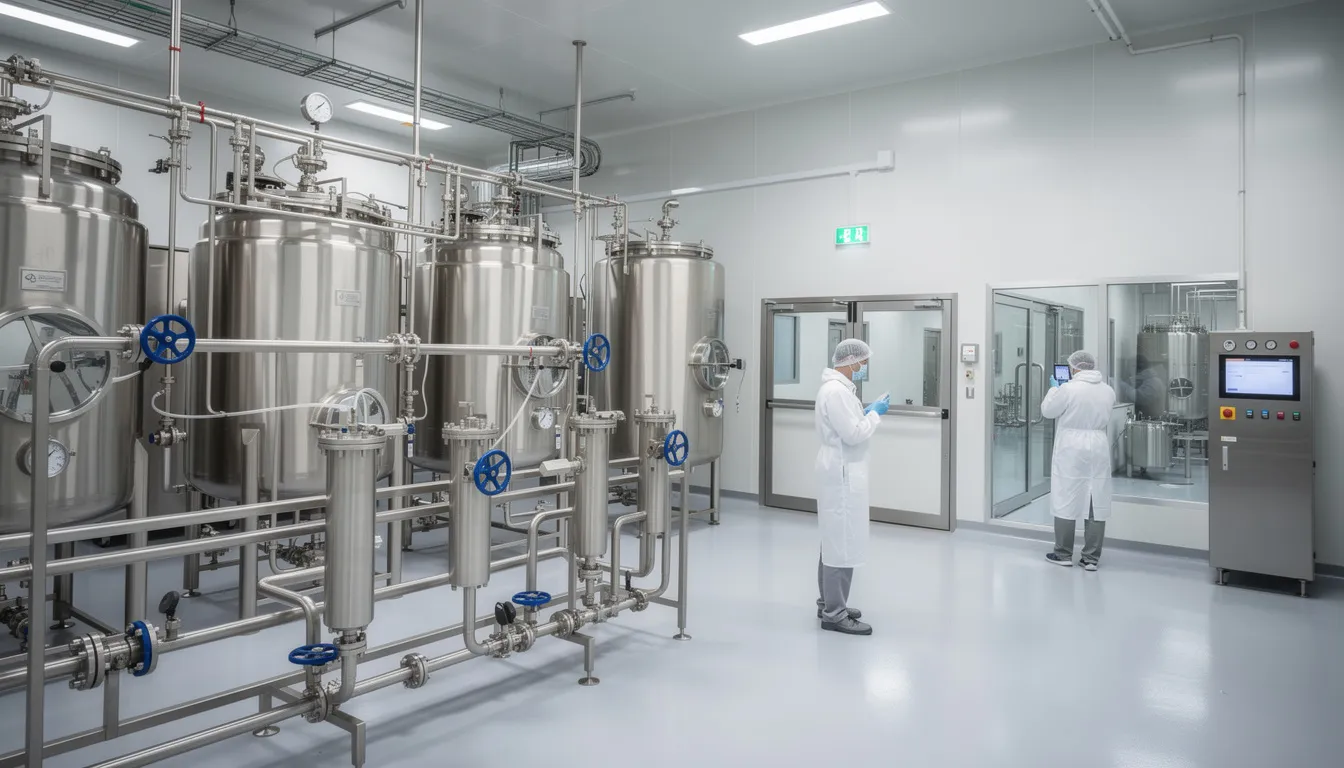 The image depicts a modern pharmaceutical manufacturing facility featuring advanced stainless steel processing equipment, designed for maximum corrosion resistance in various environments, including warm chloride settings. The heavy gauge welded components and austenitic 316L stainless steel ensure excellent mechanical properties and durability, essential for maintaining high standards in pharmaceutical production.